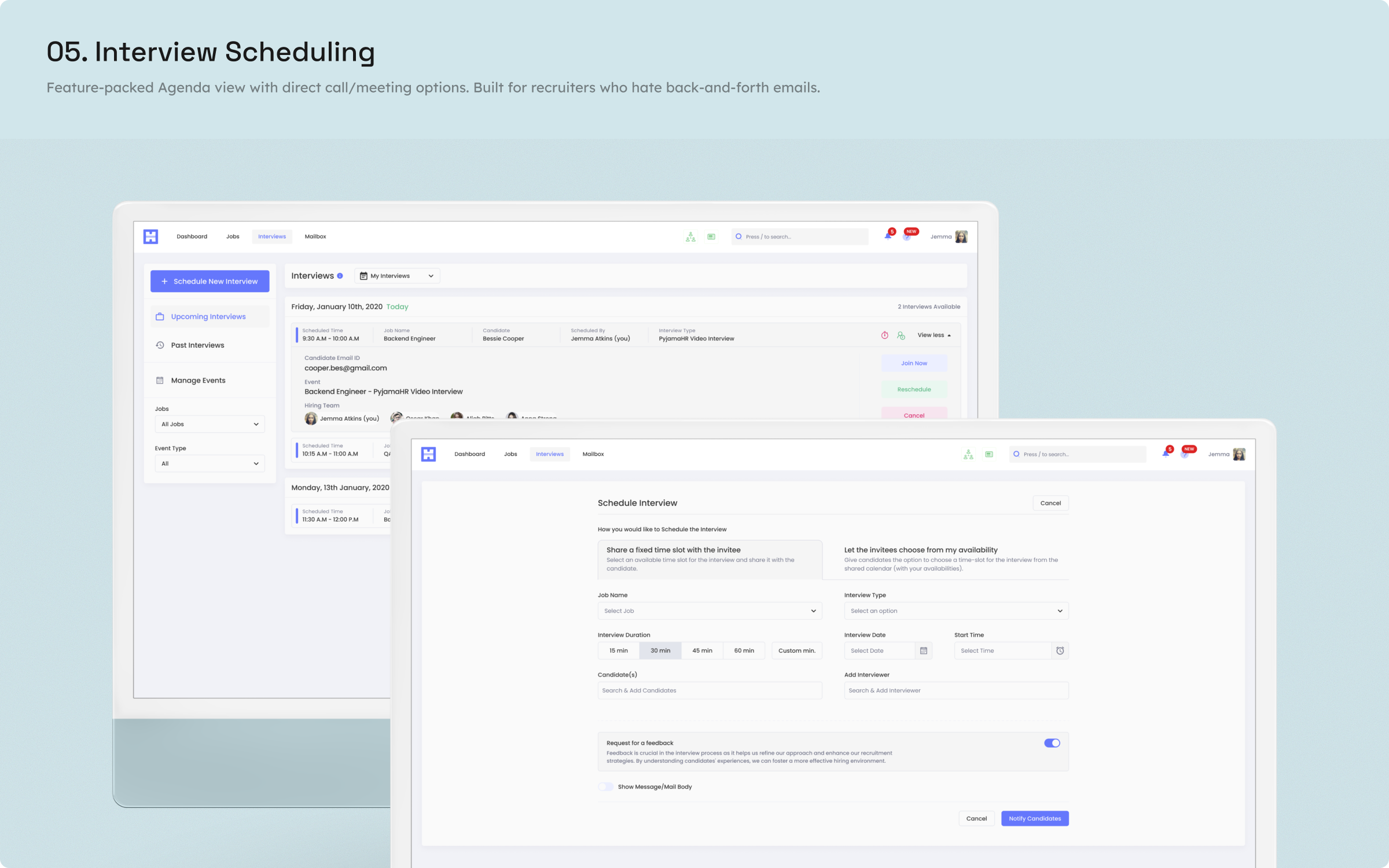 PyjamaHR interview scheduling view on mobile