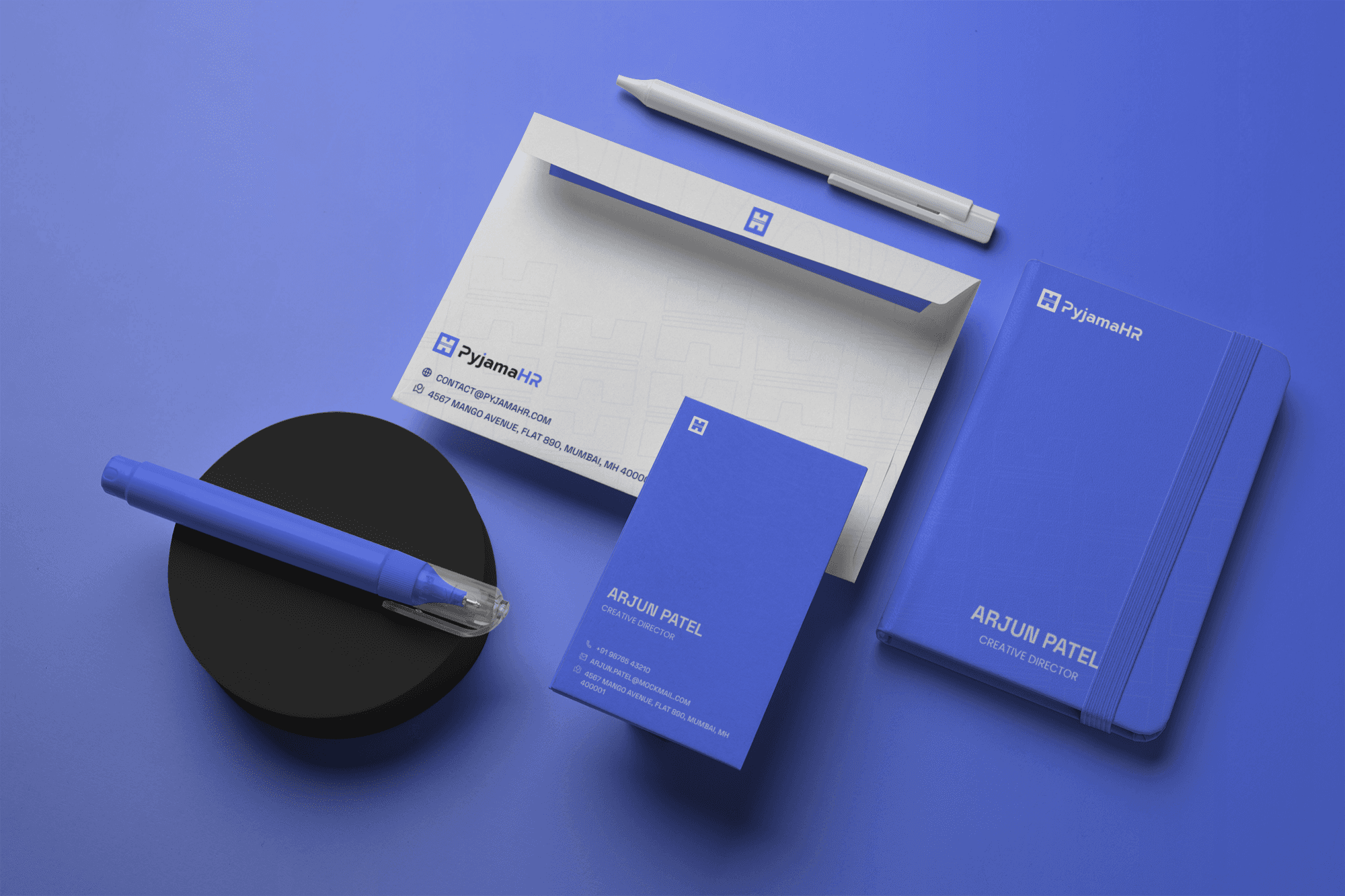 PyjamaHR brand identity materials and stationery